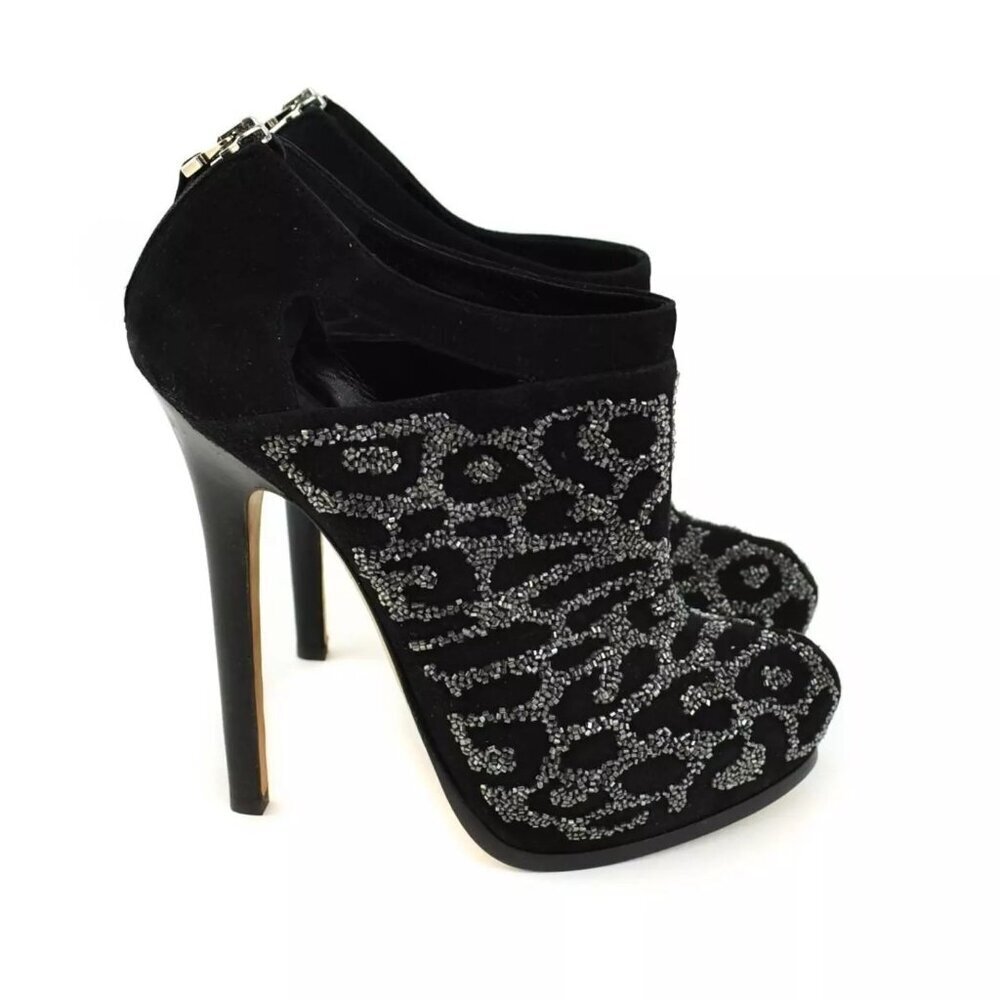 Fendi Size 37 Crystal Embellished Black Suede Platform High Heel Ankle Booties